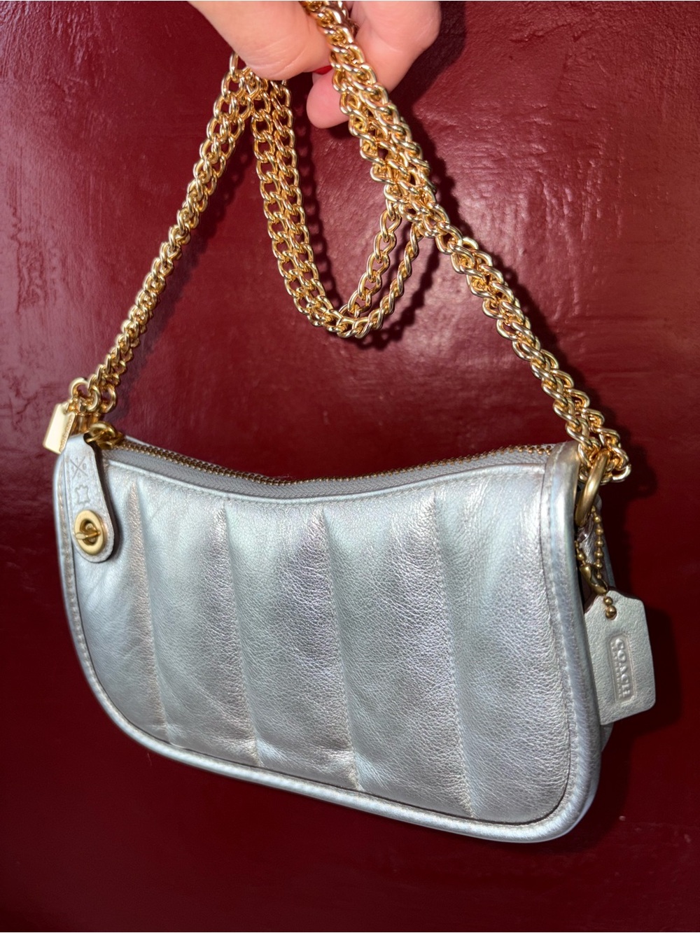 Coach swinger 20 metallic quilted mini tabby gold silver crossbody shoulder bag